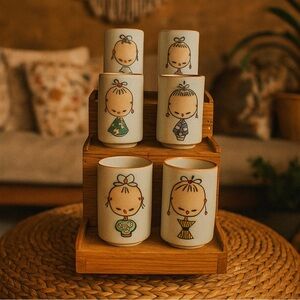 Vintage 1960s Japanese Kokeshi Girl Ceramic Hand Painted  6 Cup Set